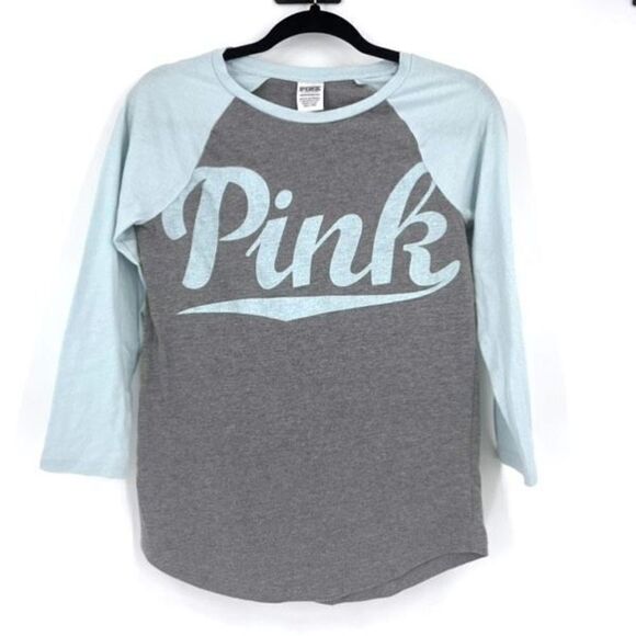 Victoria's Secret Gray & Baby Blue Long Sleeve Baseball Raglan Tee Size XS - Picture 1 of 7